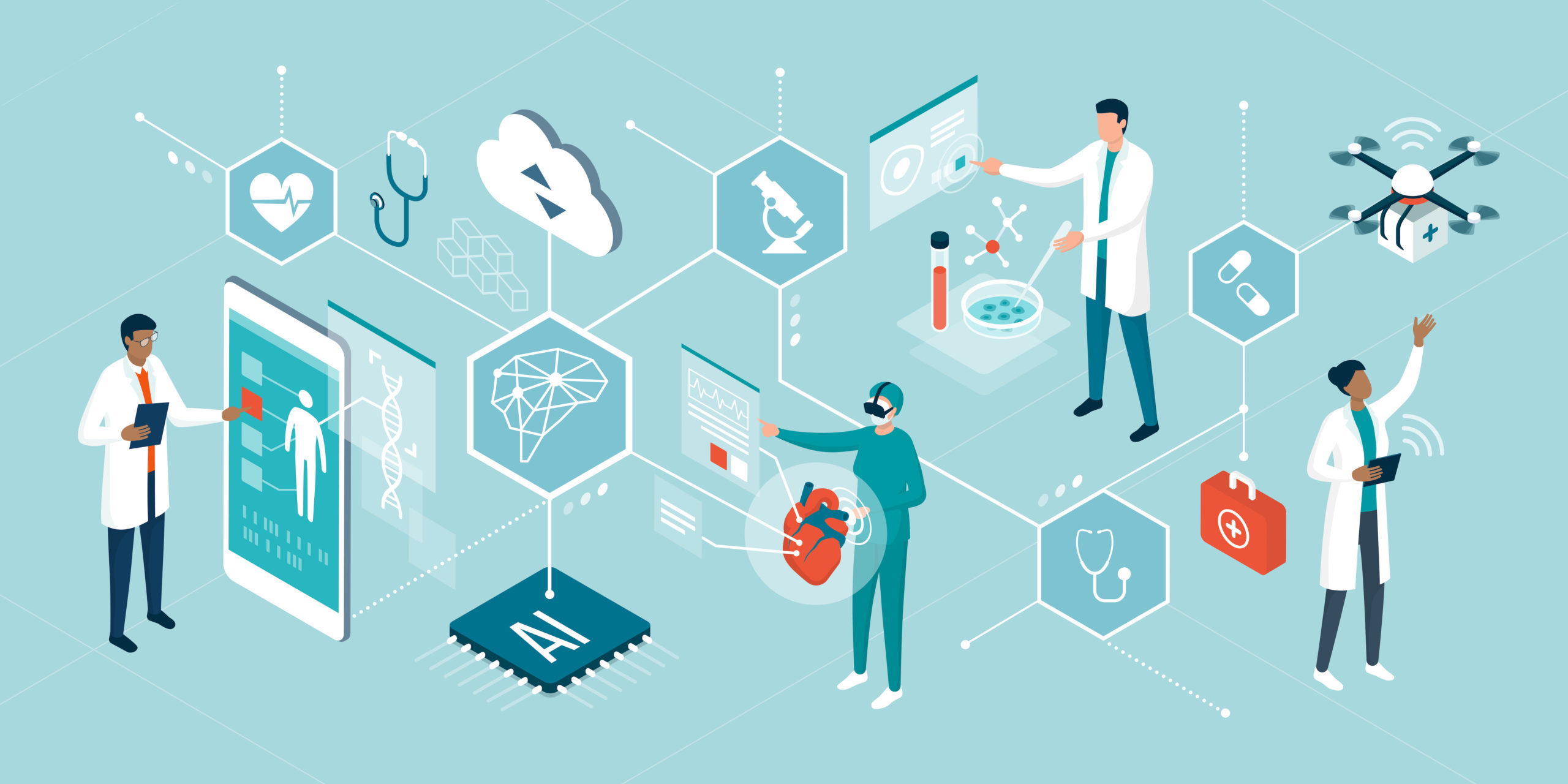 The image indicates what role the technology has played in healthcare domain. It shows medical devises,use of AI ad blockchaing and cloud service in healthcare.